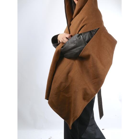 Lafayette 148 Camel Brown Cashmere Wrap Cape One Size Leather Trim Luxe Shawl - Picture 3 of 16